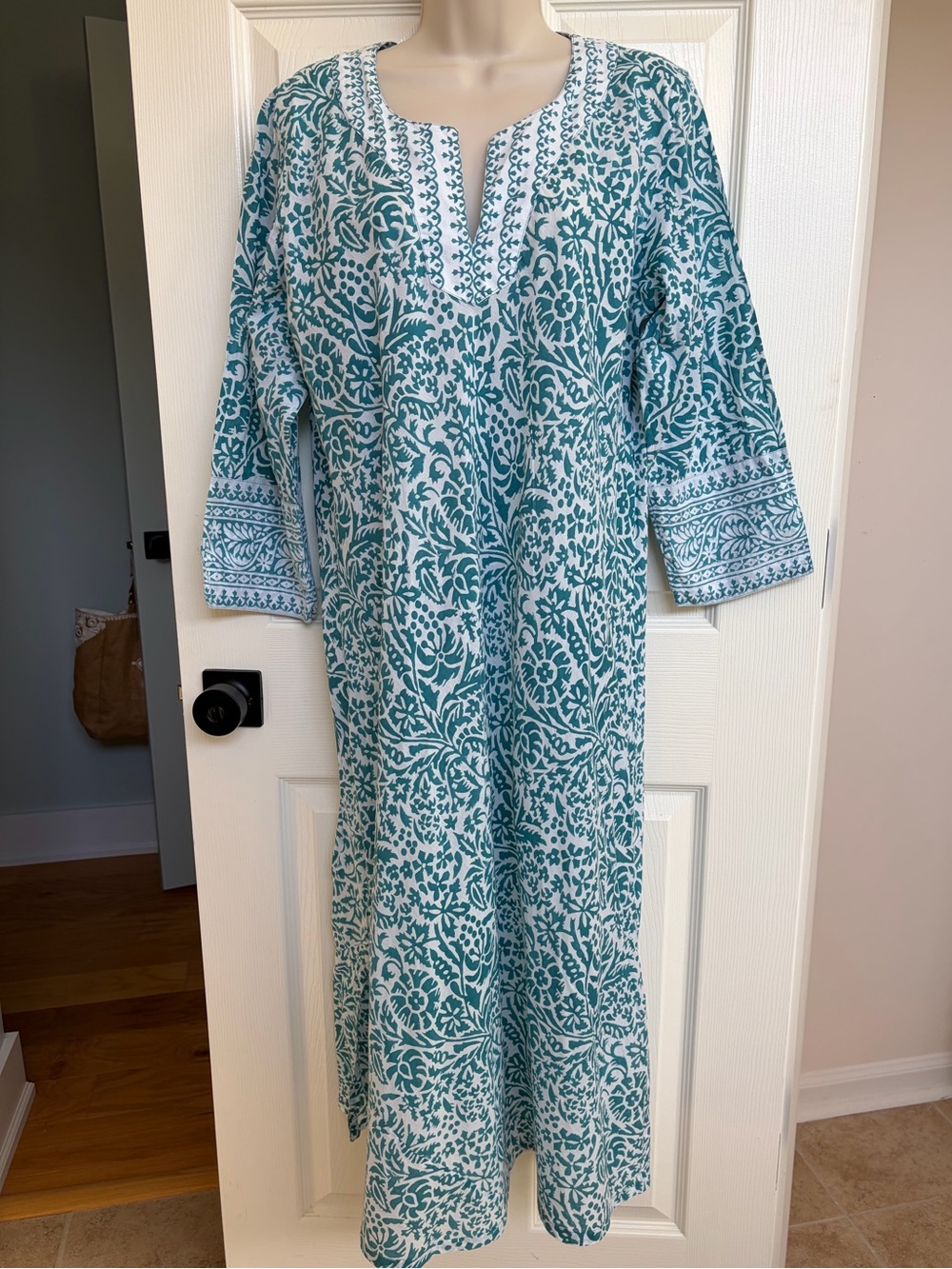 Anokhi Cotton Kaftan Dress Split V Neck 3/4 Sleeves Resort Block Print Size L